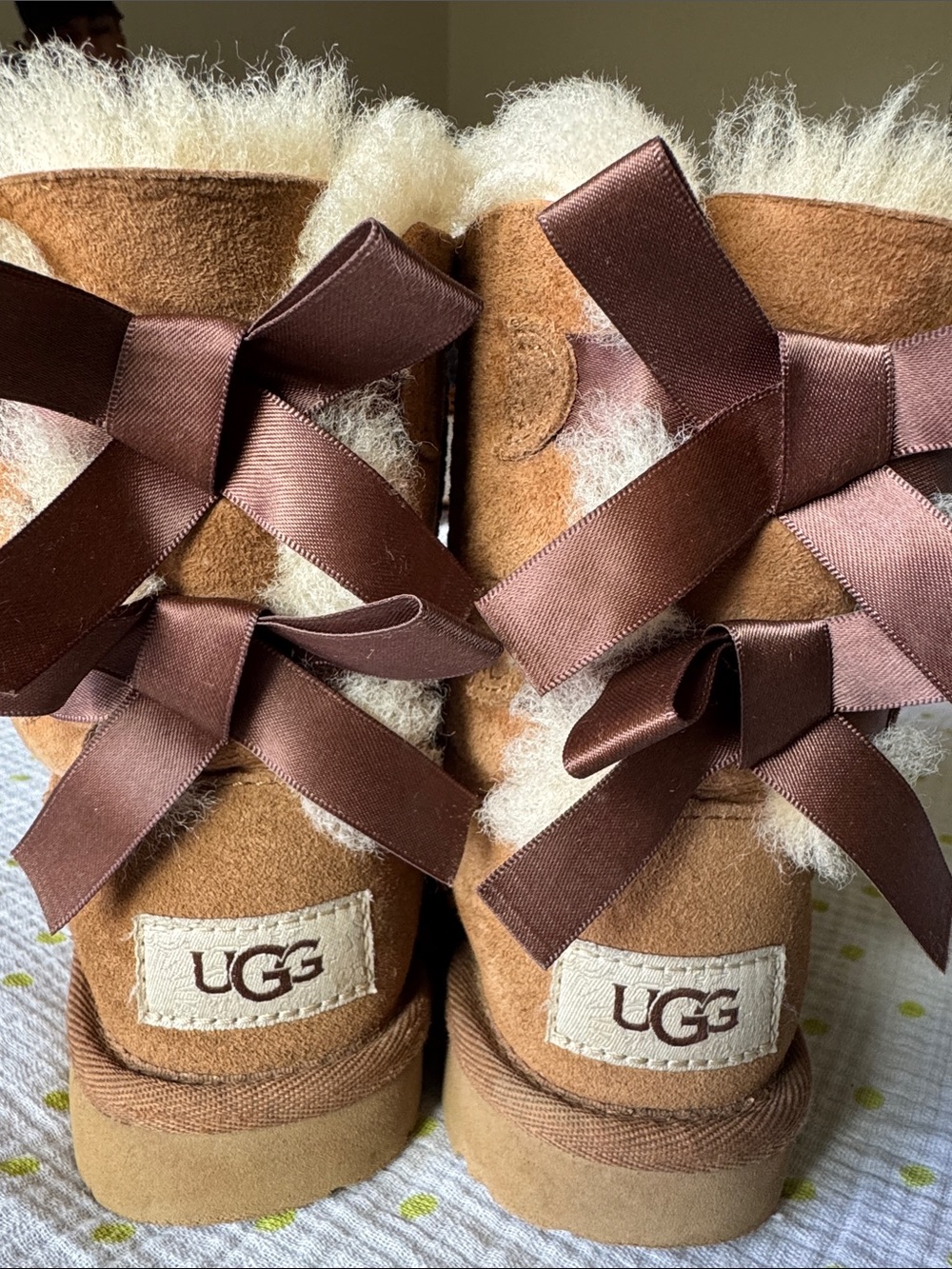 UGG Kids Chestnut Suede Boots with Brown Satin Bows